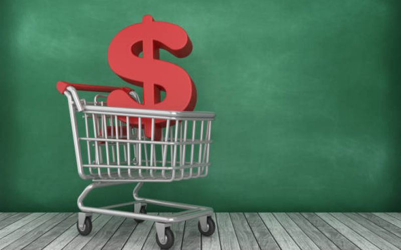Shopping Cart with Dollar Sign on Chalkboard Background - 3D Rendering